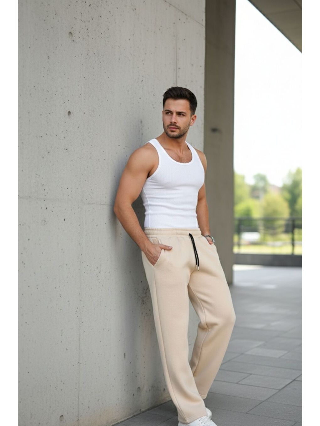 Ekru Erkek Bol Paça Beli Lastikli Krem Eşofman Altı-3