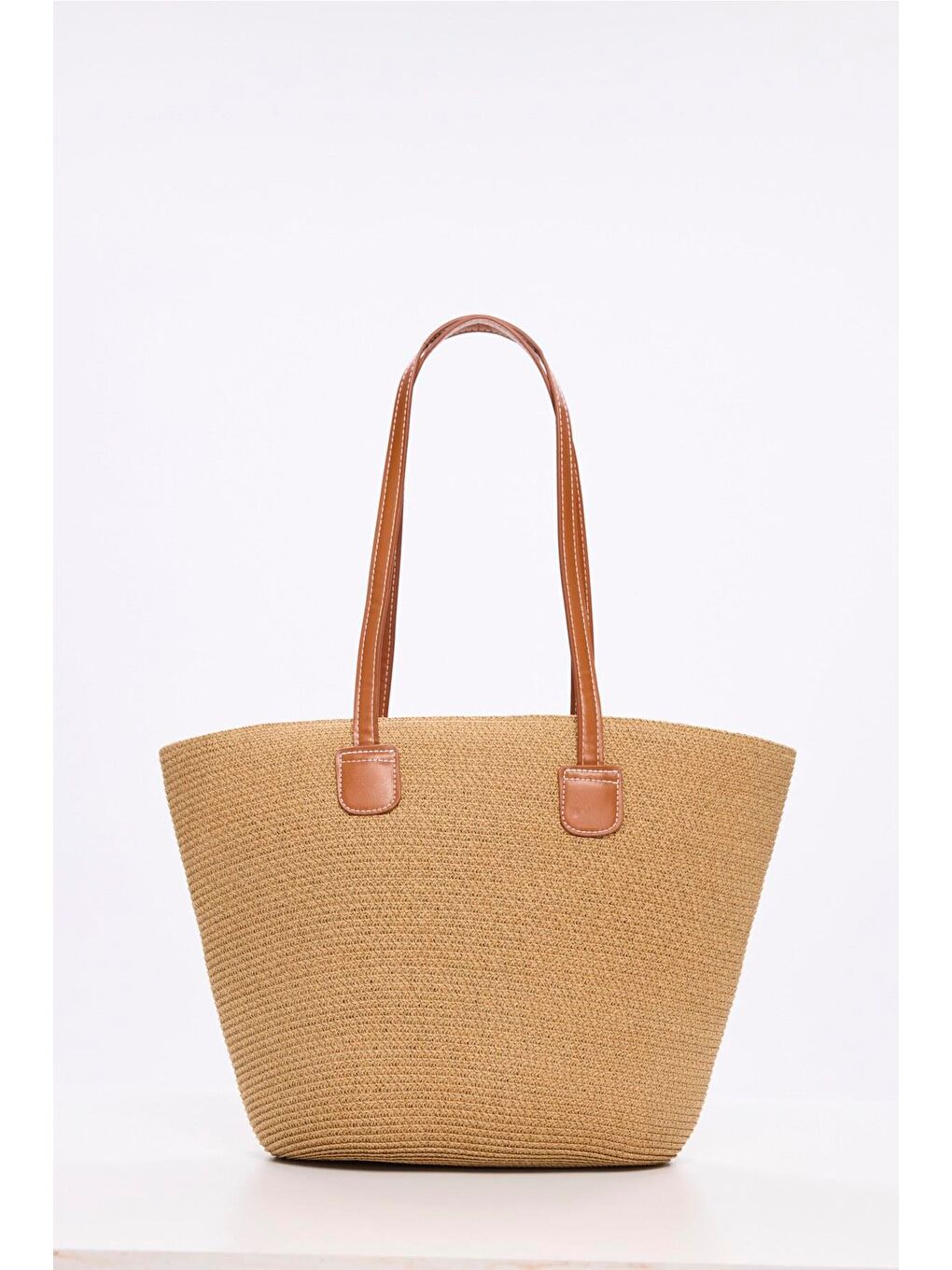 Kahverengi Deri Saplı Fermuarlı Toprak Renk Hasır Plaj Çantası 3120