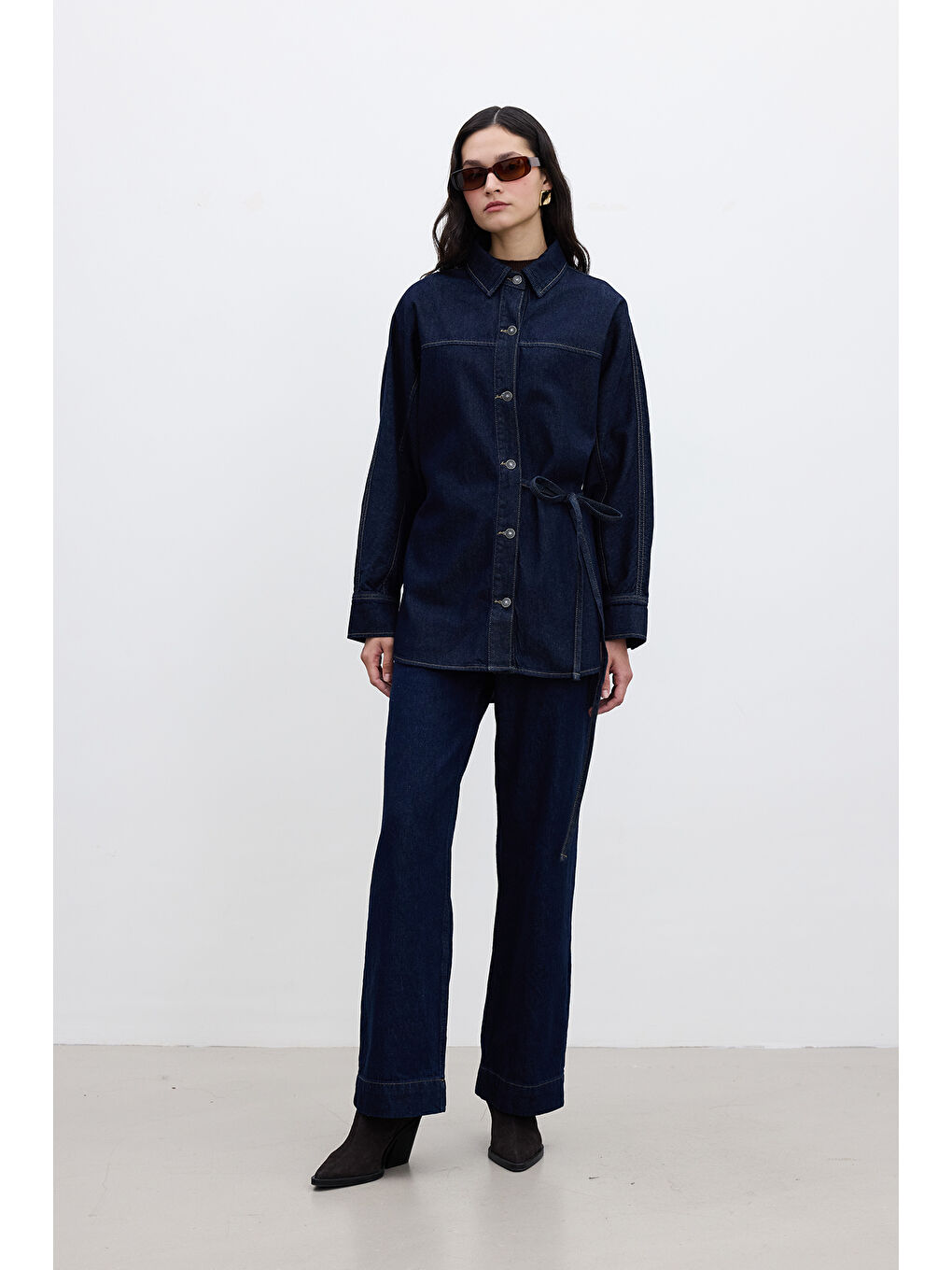 Yüksek Bel Wıde Leg Denim Pantolon Derin Mavi-1