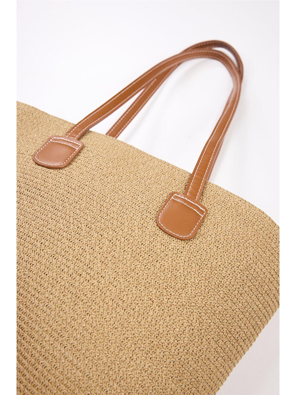 Kahverengi Deri Saplı Fermuarlı Toprak Renk Hasır Plaj Çantası 3120-1
