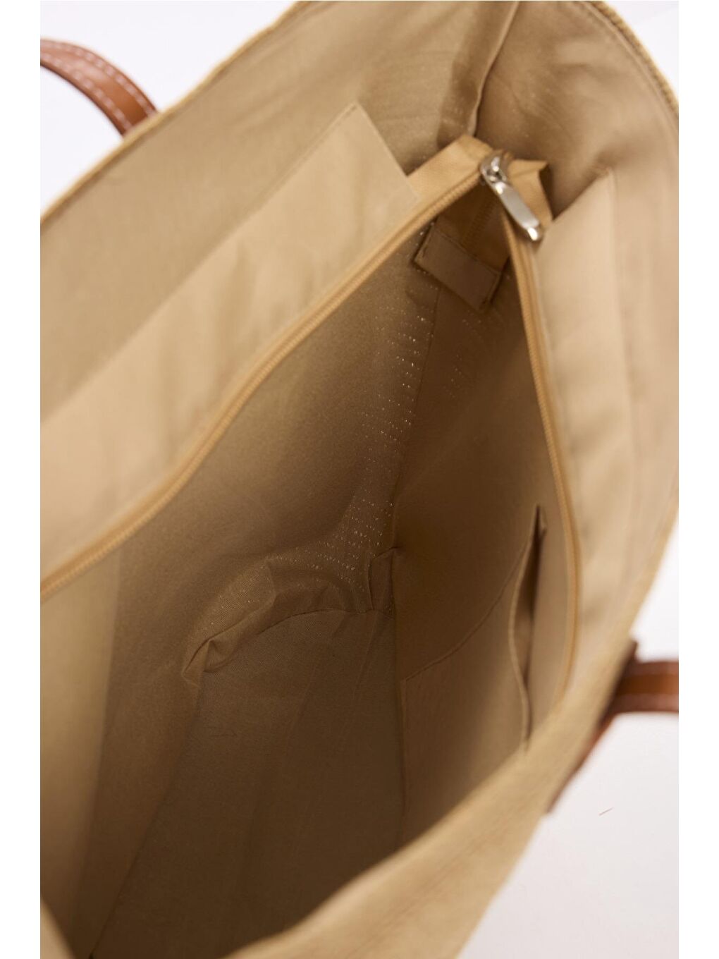 Kahverengi Deri Saplı Fermuarlı Toprak Renk Hasır Plaj Çantası 3120-2
