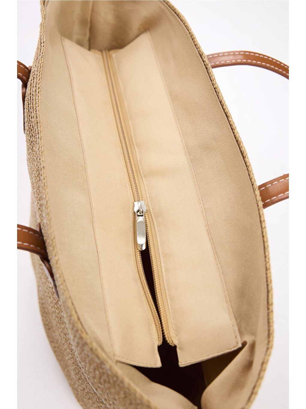 Kahverengi Deri Saplı Fermuarlı Toprak Renk Hasır Plaj Çantası 3120-3