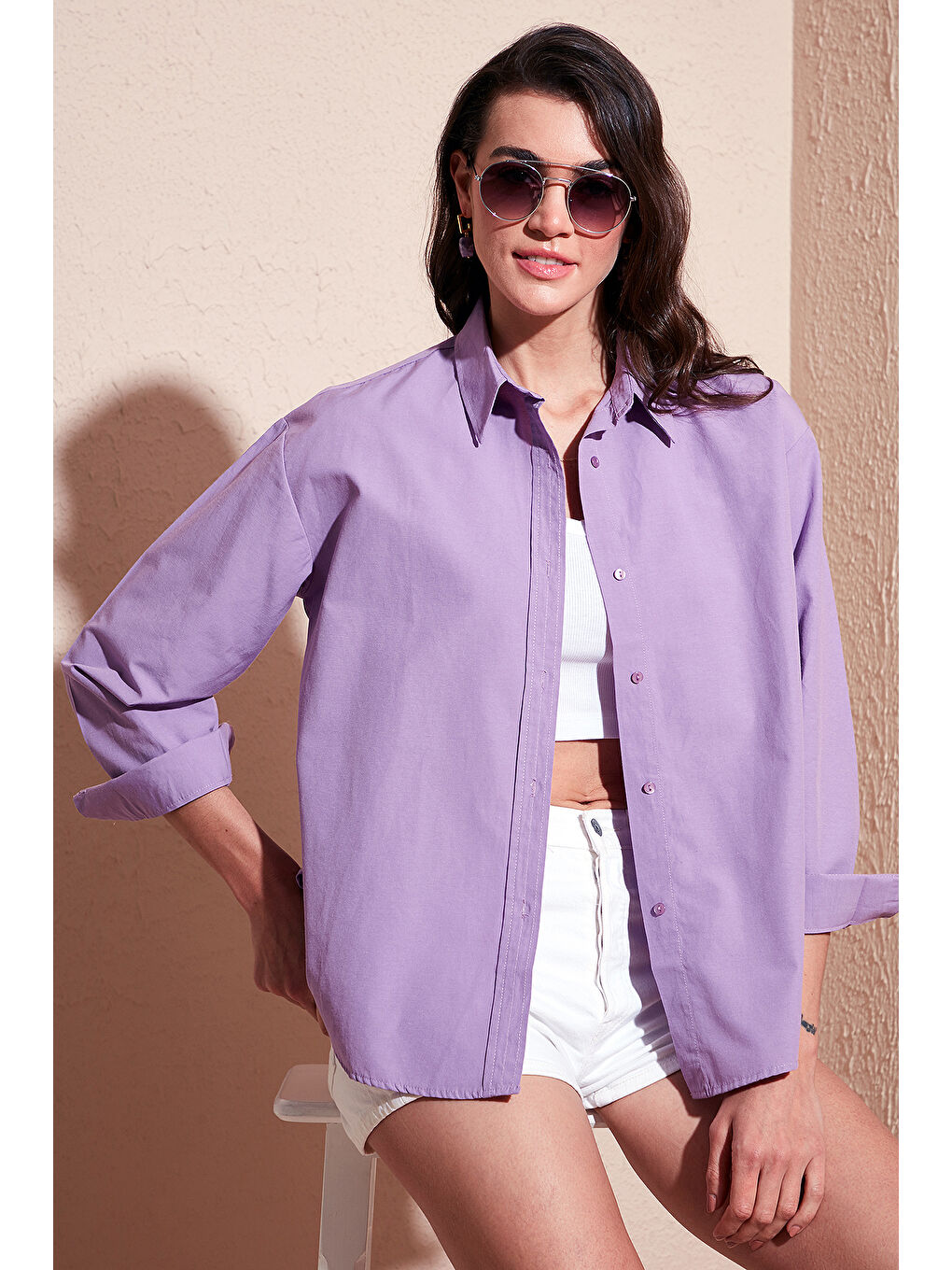 Lila Pamuklu Regular Fit Önü Kısa Arkası Uzun Oval Kesim Gömlek Cf25S163867