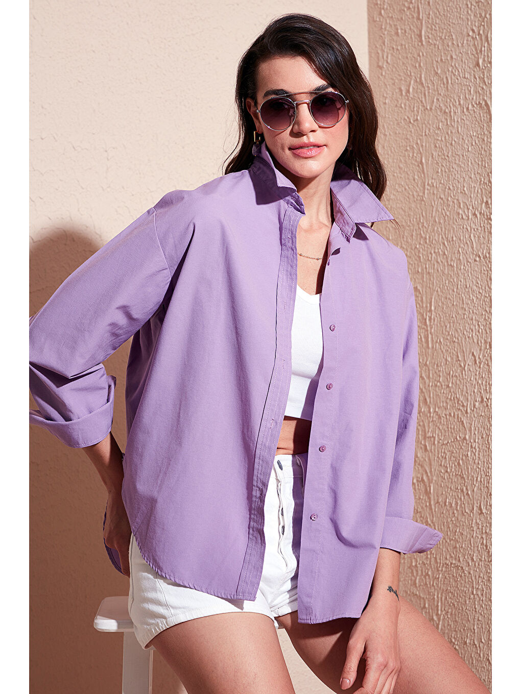 Lila Pamuklu Regular Fit Önü Kısa Arkası Uzun Oval Kesim Gömlek Cf25S163867-1