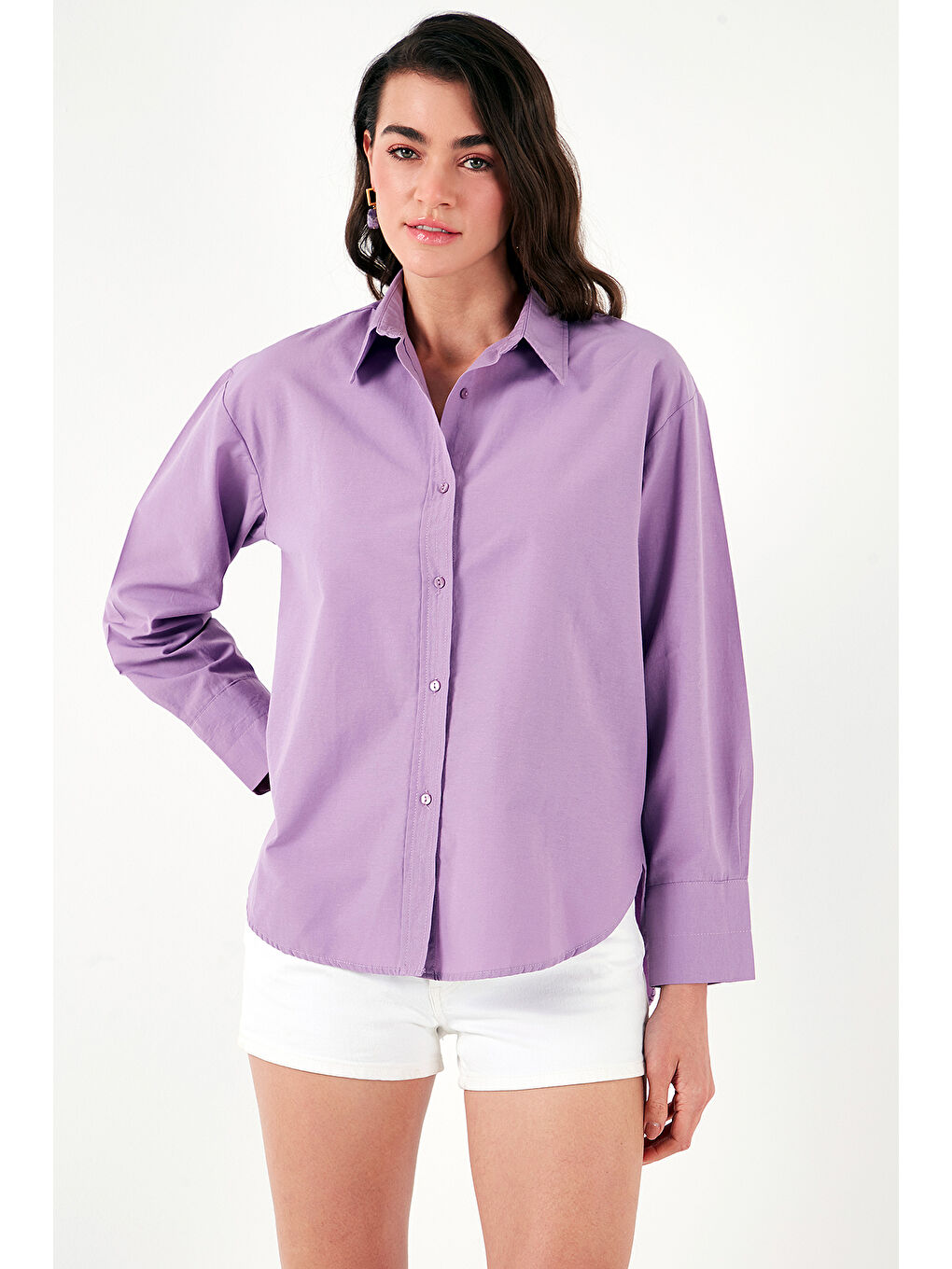 Lila Pamuklu Regular Fit Önü Kısa Arkası Uzun Oval Kesim Gömlek Cf25S163867-3