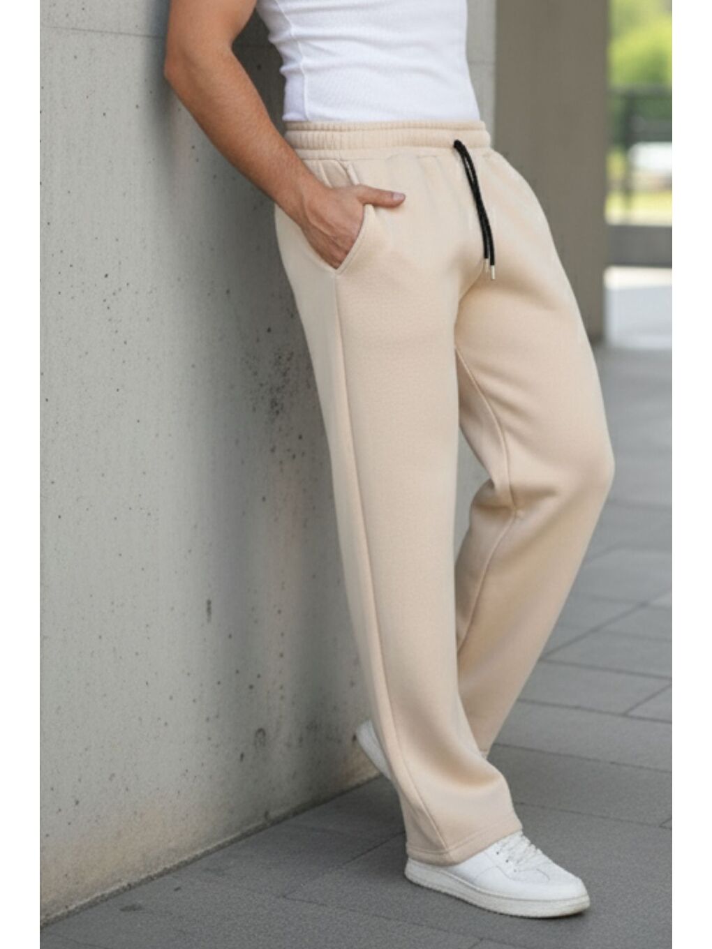 Ekru Erkek Bol Paça Beli Lastikli Krem Eşofman Altı-5