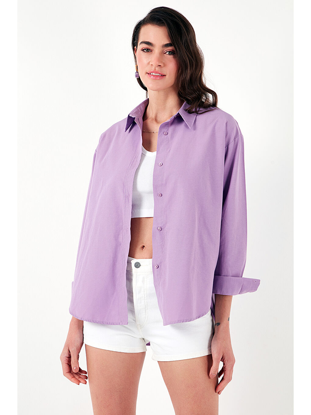 Lila Pamuklu Regular Fit Önü Kısa Arkası Uzun Oval Kesim Gömlek Cf25S163867-4