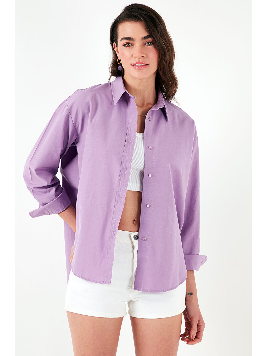 Lila Pamuklu Regular Fit Önü Kısa Arkası Uzun Oval Kesim Gömlek Cf25S163867-5
