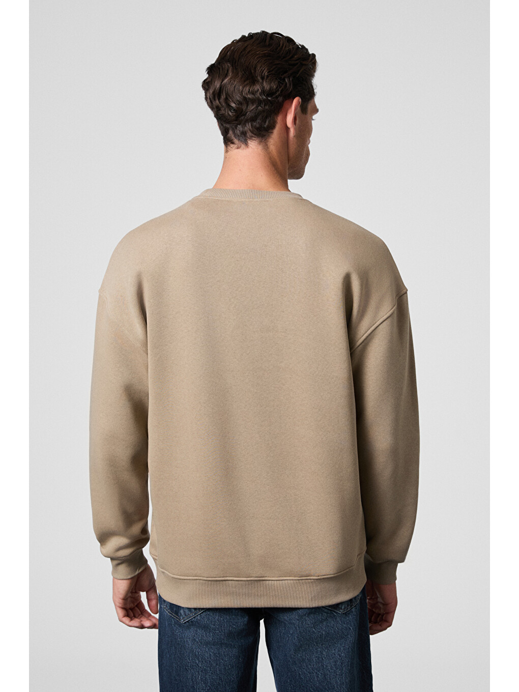 Bej Ernest Erkek Organik Pamuklu Yumuşacık Baskı Detaylı Bisiklet Yaka İçi Polarlı BEJ Sweatshirt-5