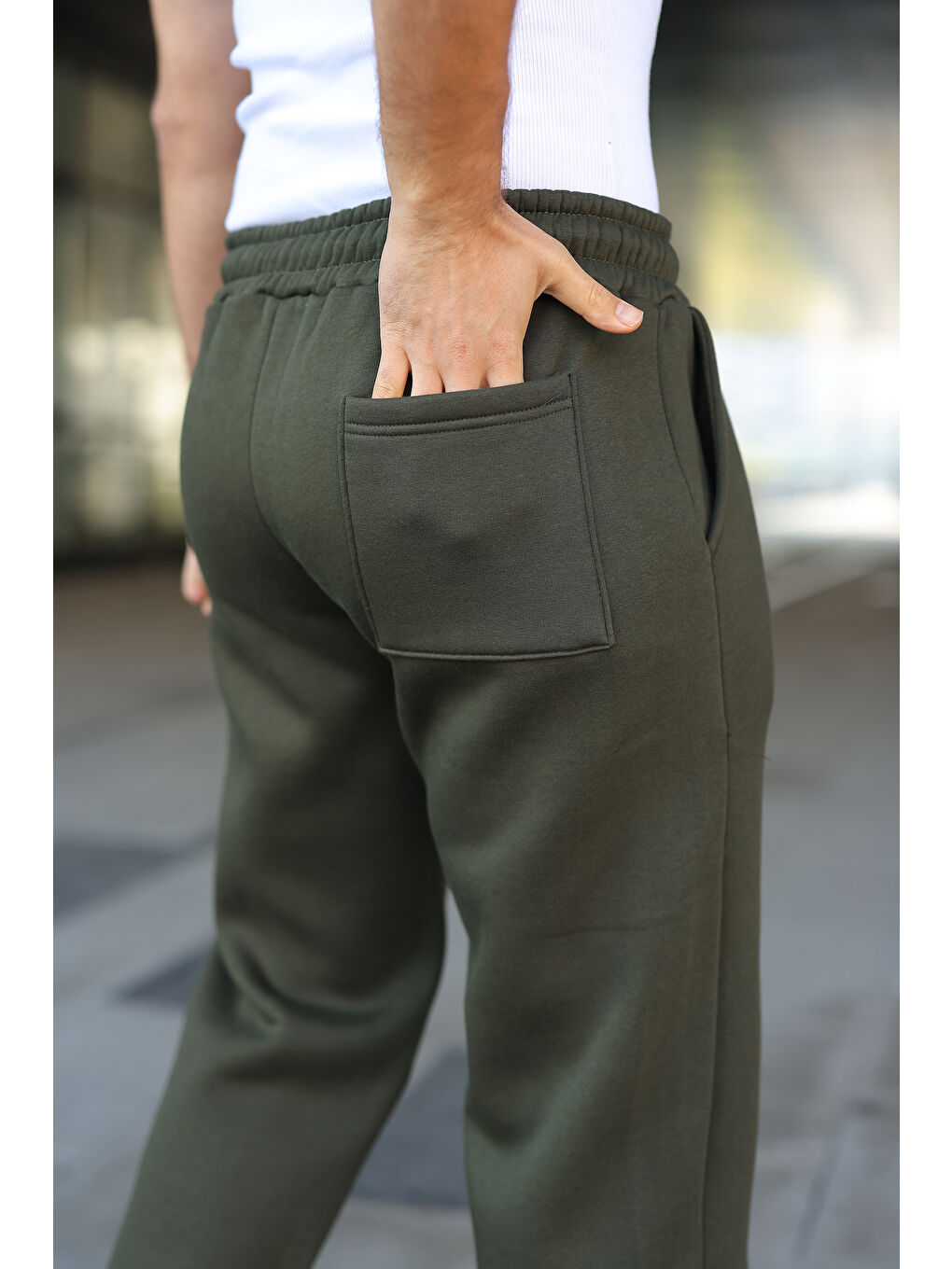 Erkek Bol Paça Beli Lastikli Haki Eşofman Altı-2