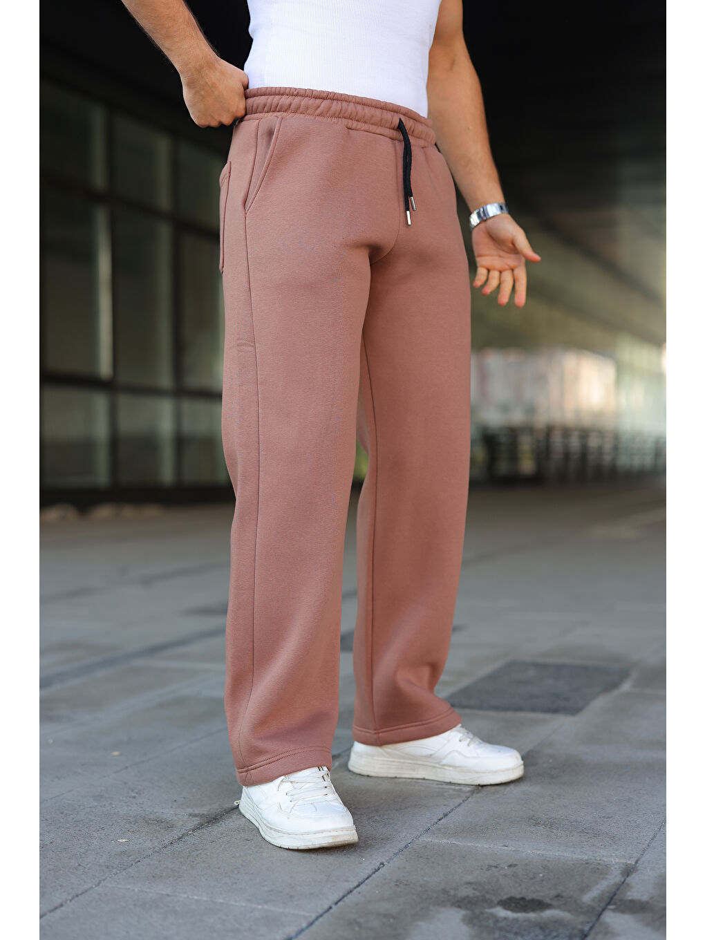 Kahverengi Erkek Bol Paça Beli Lastikli Kiremit Eşofman Altı-1