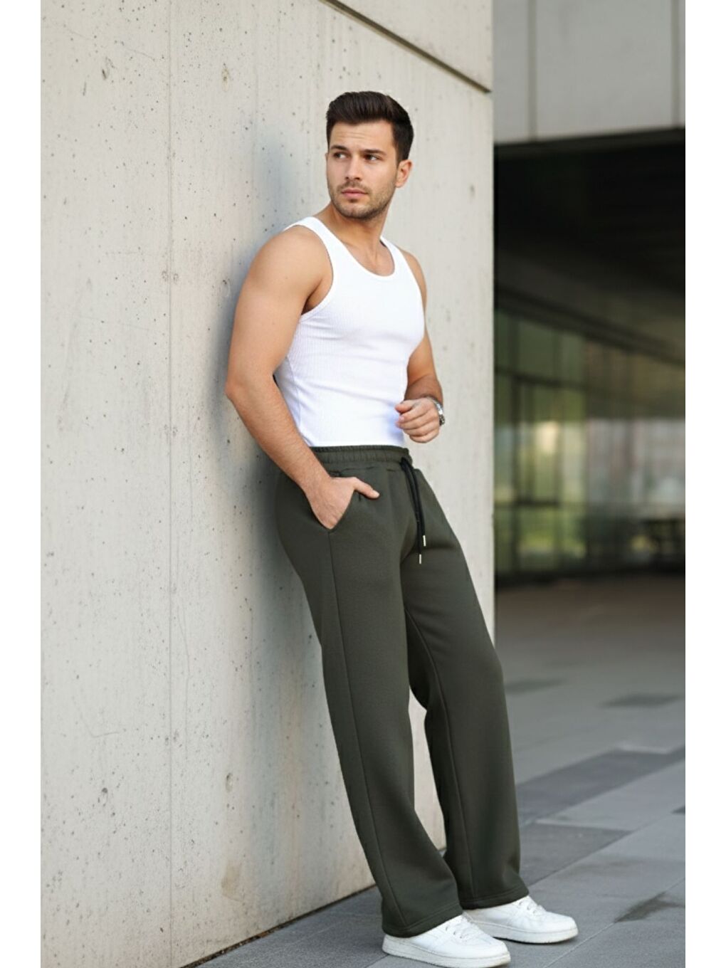 Erkek Bol Paça Beli Lastikli Haki Eşofman Altı-3