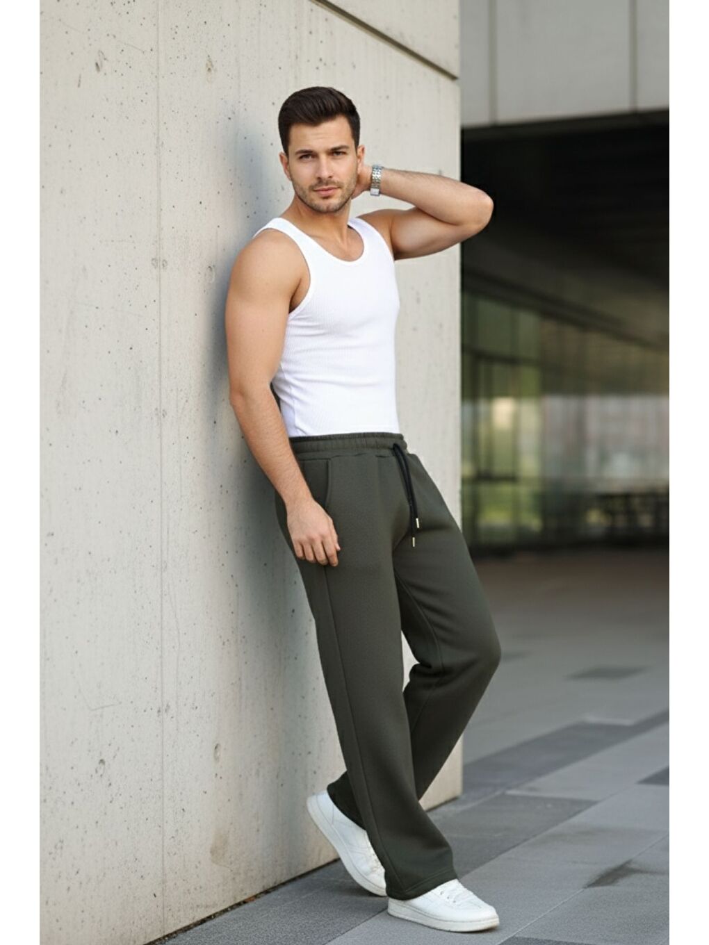 Erkek Bol Paça Beli Lastikli Haki Eşofman Altı-4