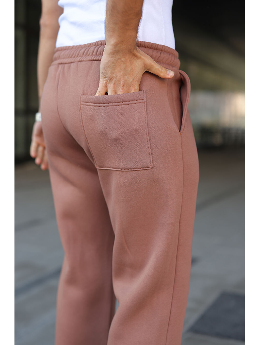 Kahverengi Erkek Bol Paça Beli Lastikli Kiremit Eşofman Altı-2