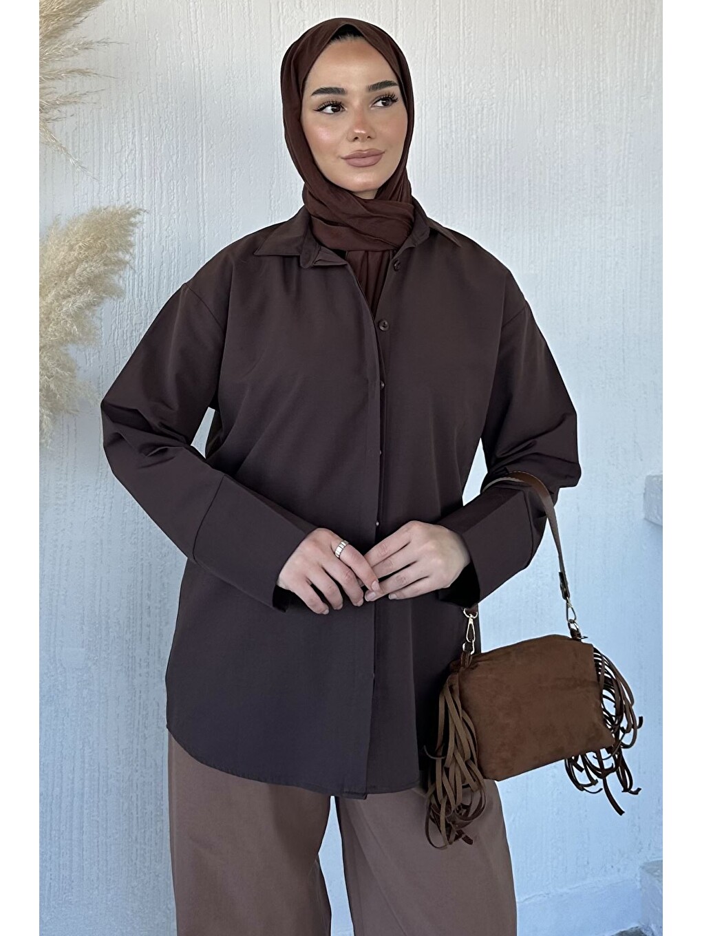 Kahverengi Bel Kuşaklı Tesettür Tunik-1