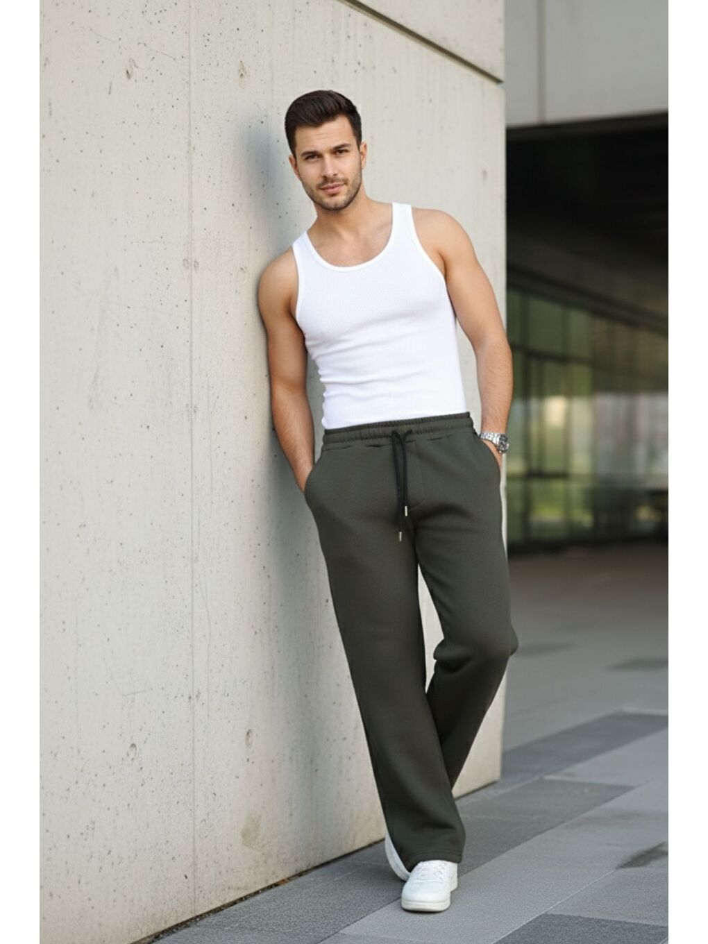Erkek Bol Paça Beli Lastikli Haki Eşofman Altı-5