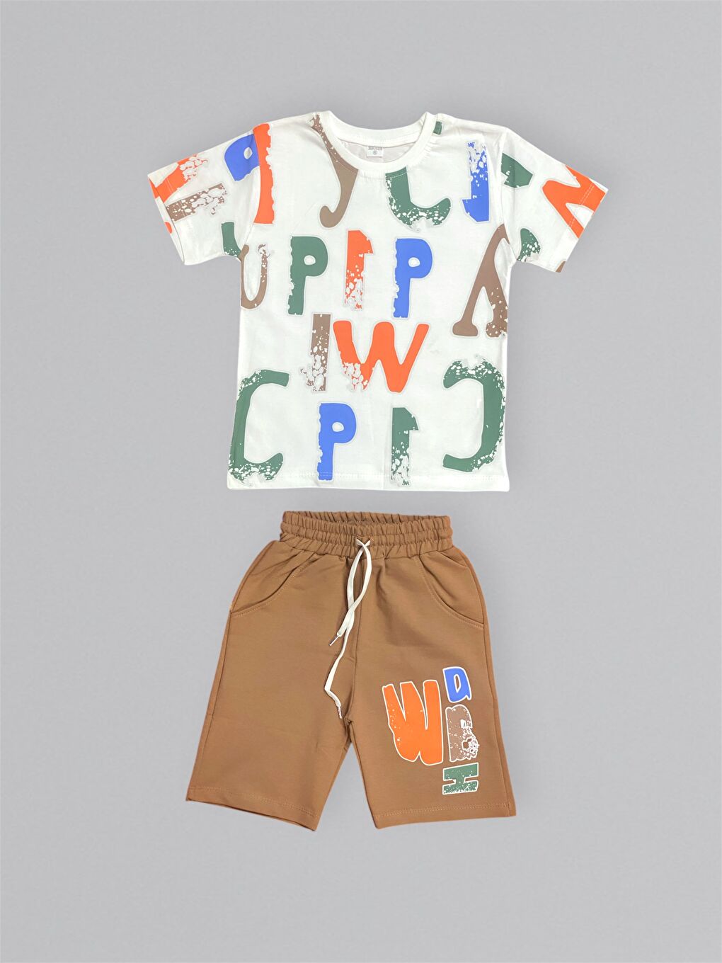 Kahverengi Baskılı Erkek Çocuk Tişört Şortlu Takım M00715-4