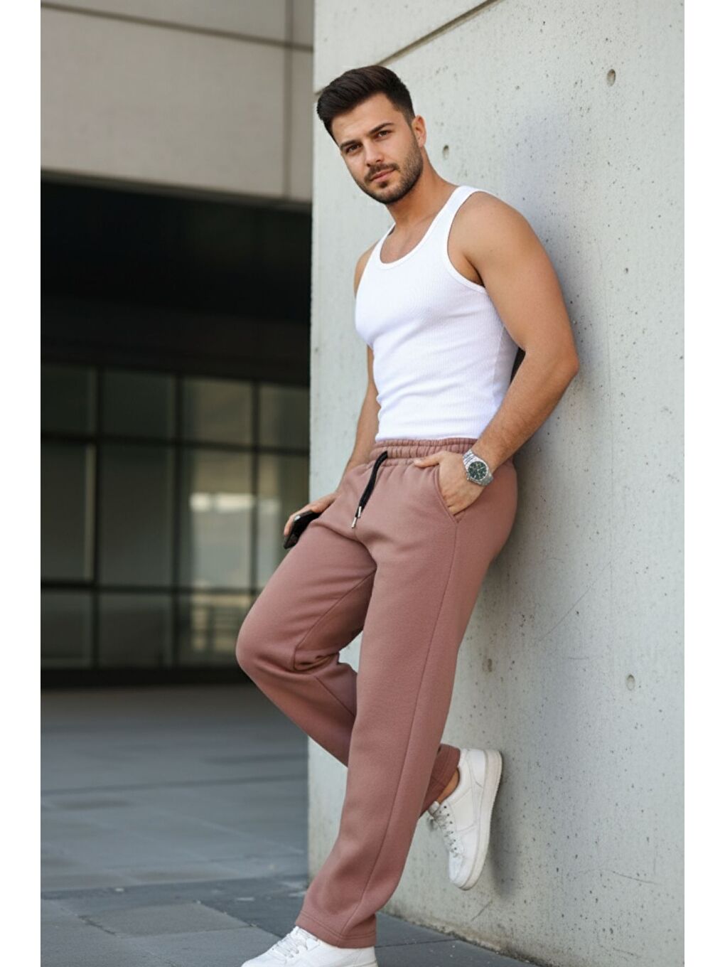 Kahverengi Erkek Bol Paça Beli Lastikli Kiremit Eşofman Altı-3