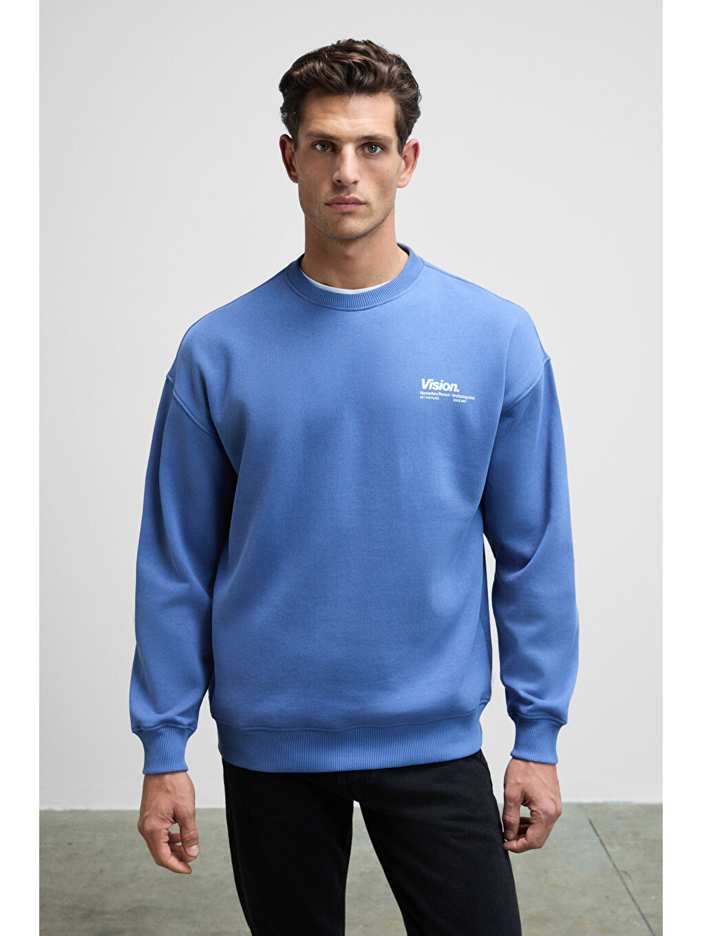 Ernest Erkek Organik Pamuklu Yumuşacık Baskı Detaylı Bisiklet Yaka İçi Polarlı Açık Mavi Sweatshirt