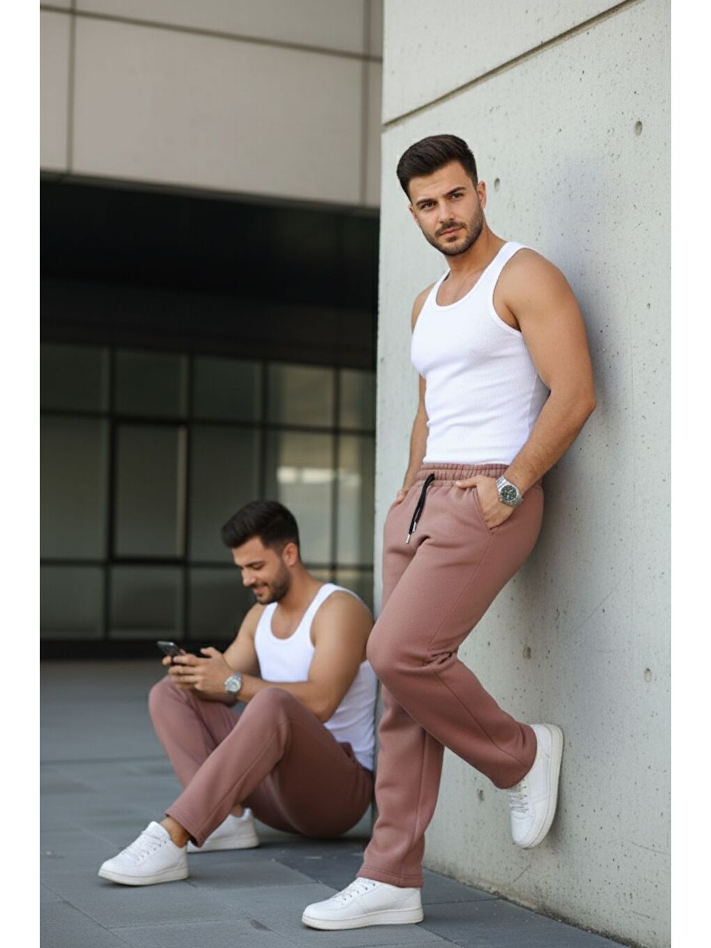 Kahverengi Erkek Bol Paça Beli Lastikli Kiremit Eşofman Altı-4