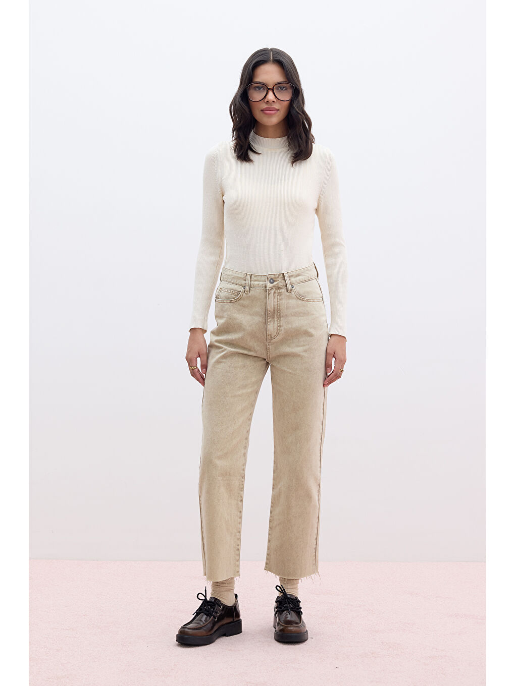 Kahverengi Straıght Yüksek Bel Denim Pantolon Camel-2