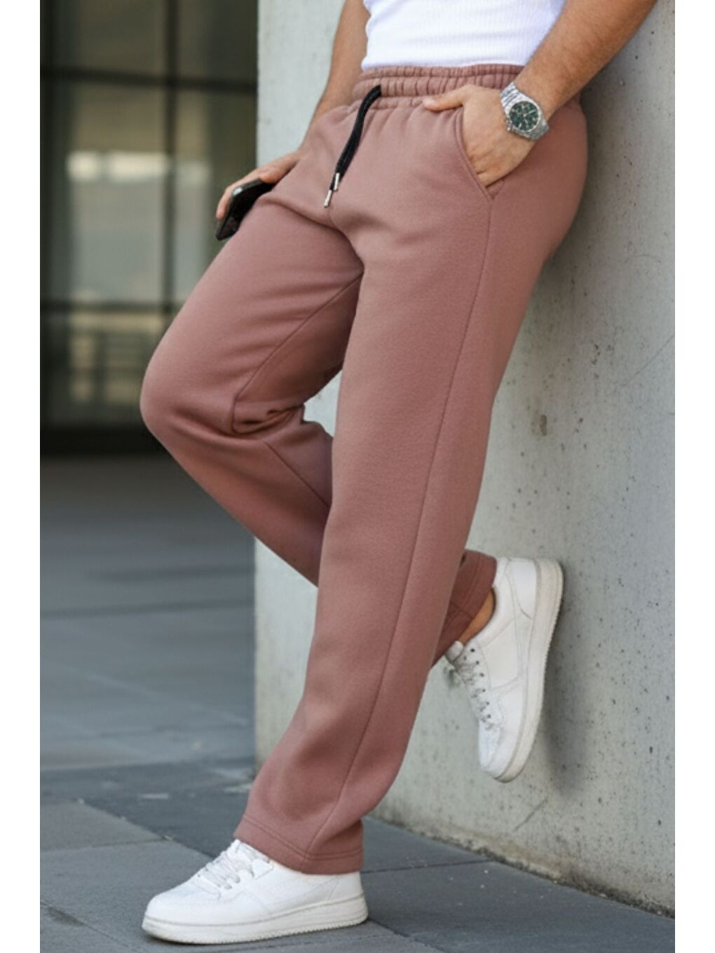 Kahverengi Erkek Bol Paça Beli Lastikli Kiremit Eşofman Altı-5