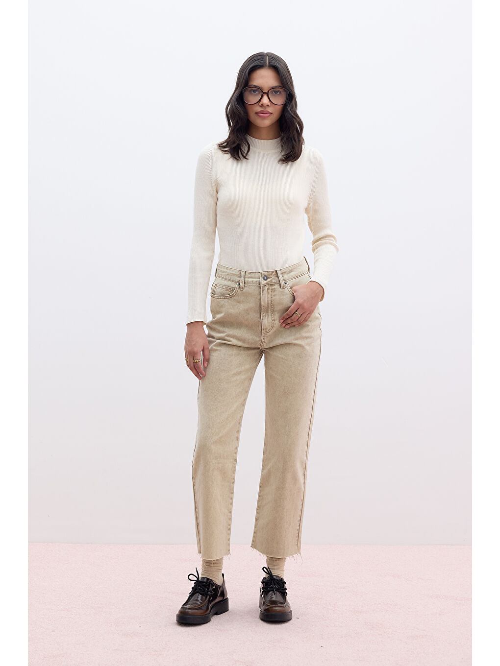 Kahverengi Straıght Yüksek Bel Denim Pantolon Camel-3