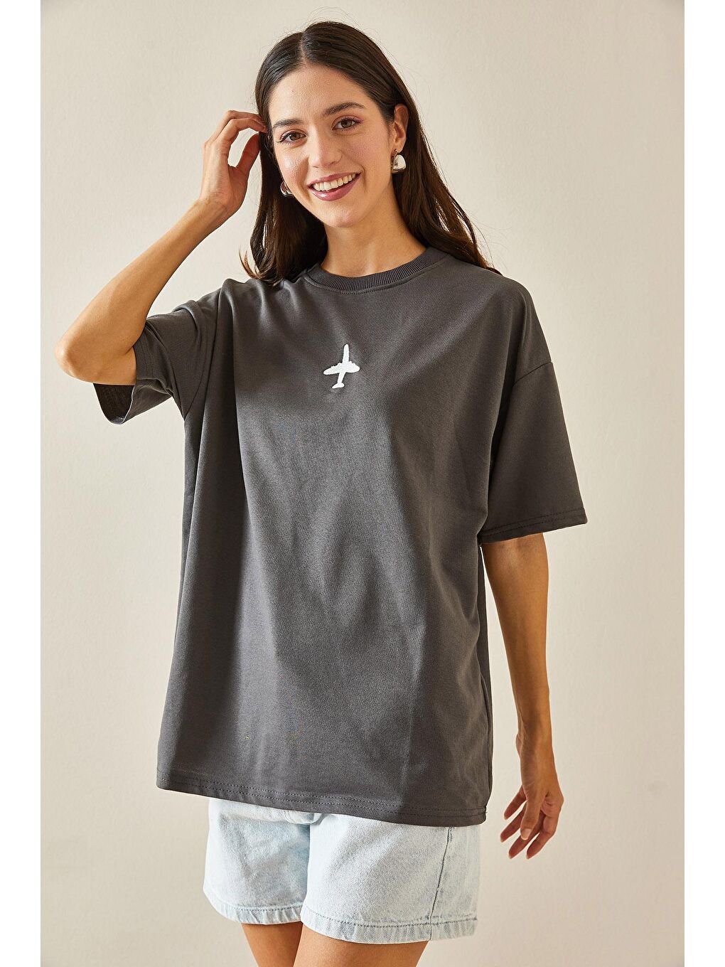 XHAN Antrasit Bisiklet Yaka Yazılı Oversize Tshirt 5YXK1-48701-36 - 4