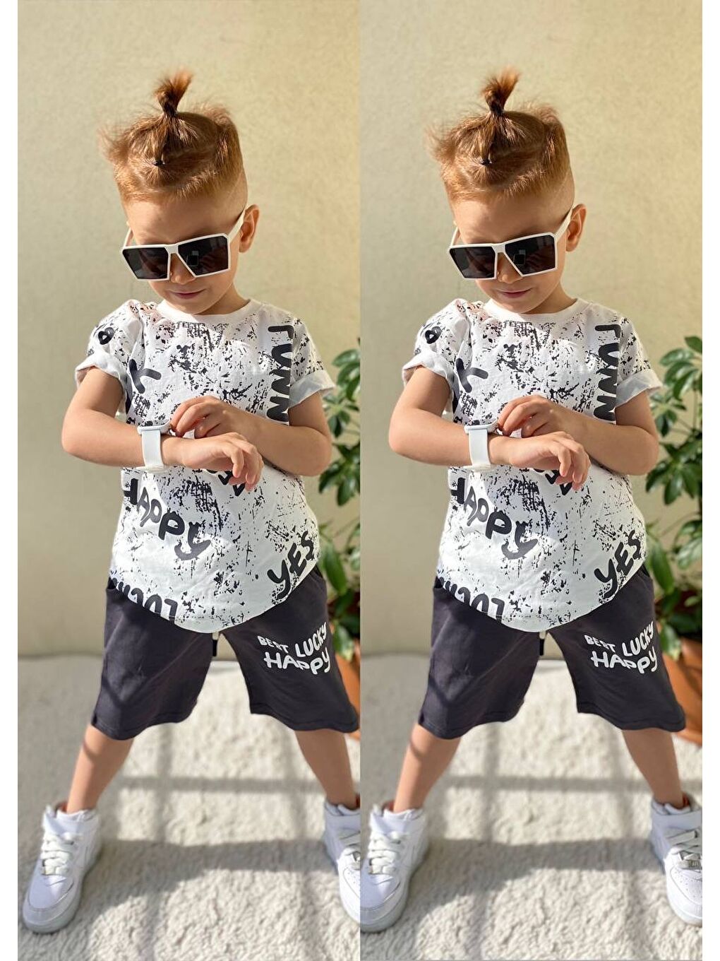 Siyah Baskılı Erkek Çocuk Tişört Şortlu Takım M00715-5