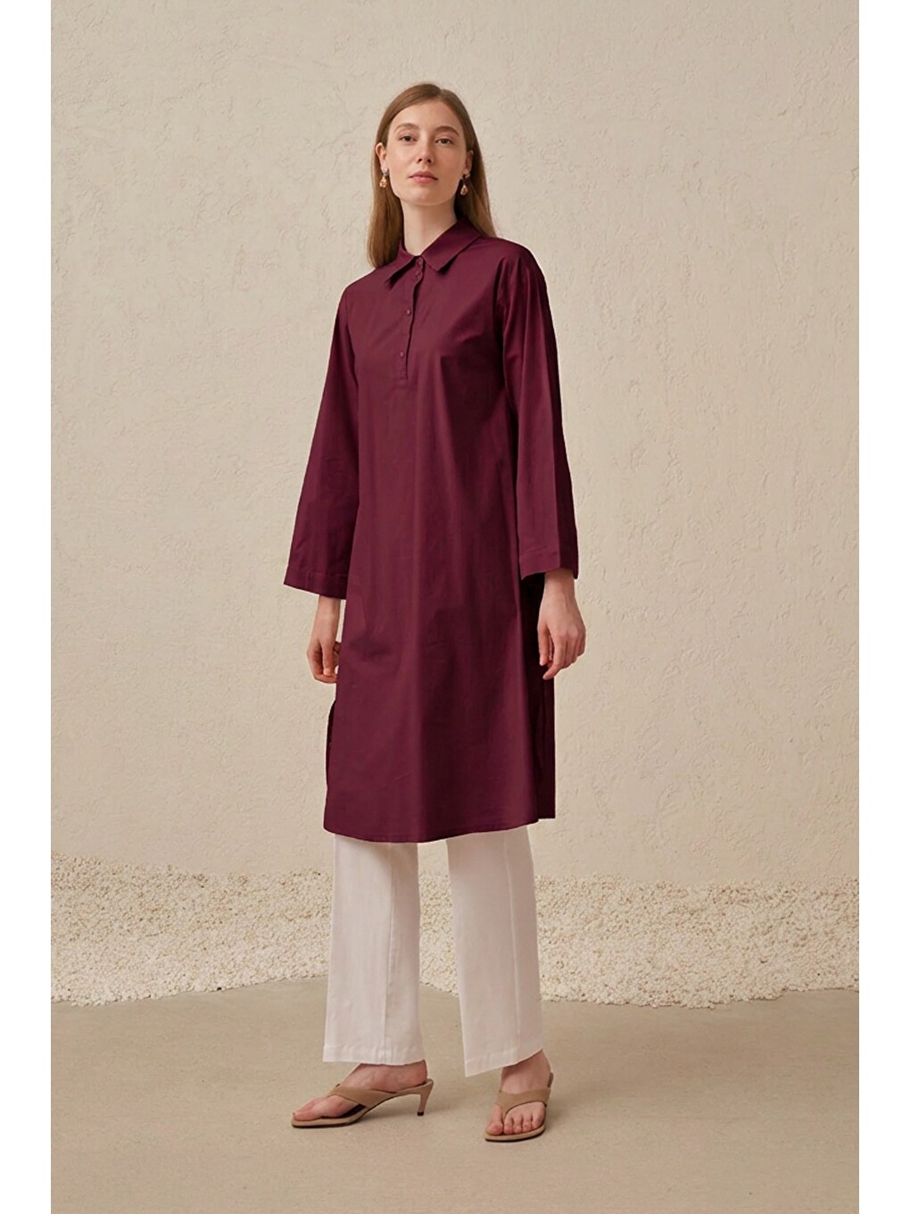 Kırmızı Vişne-düğme Detaylı Poplin Tunik