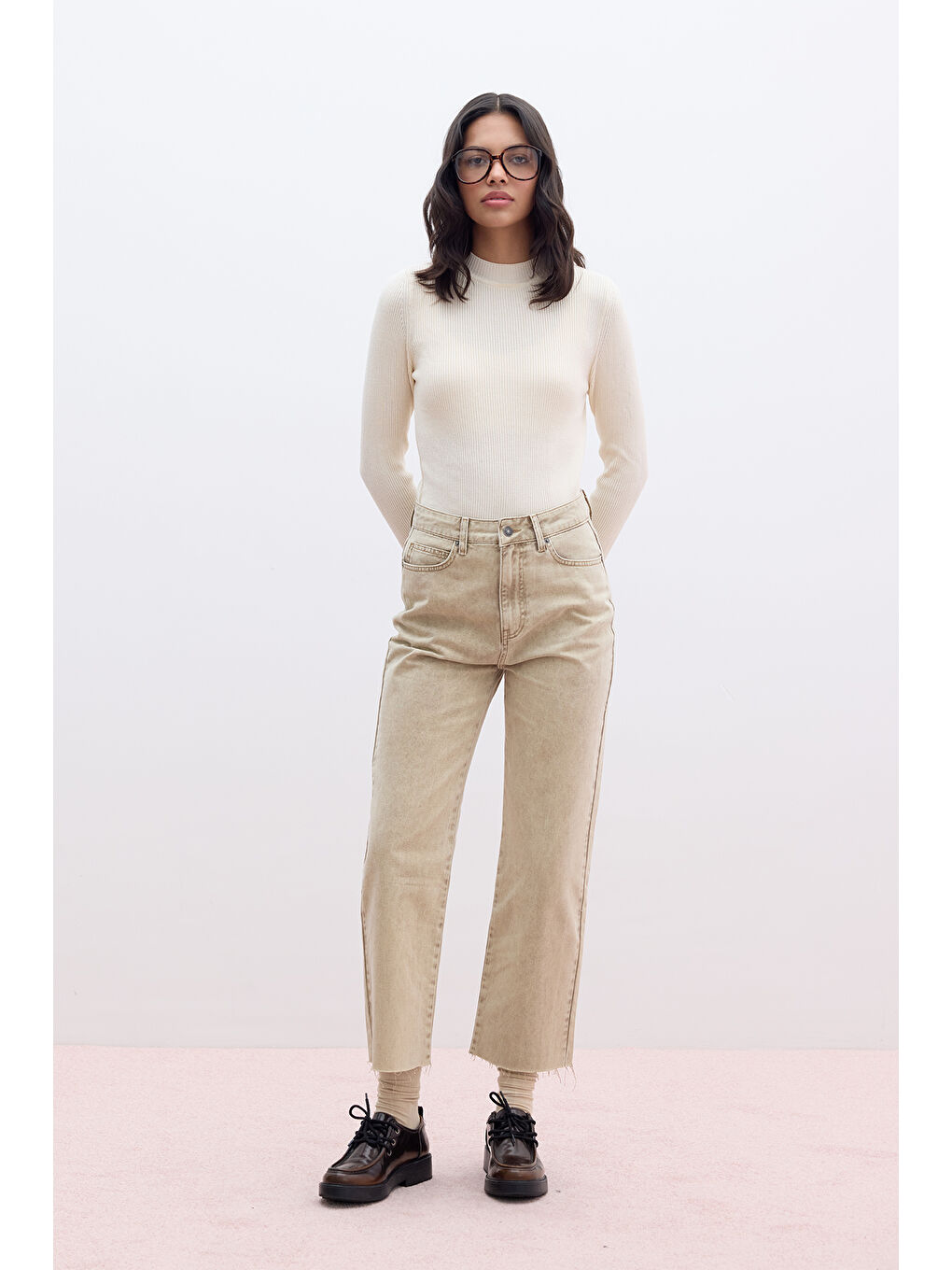 Kahverengi Straıght Yüksek Bel Denim Pantolon Camel-4