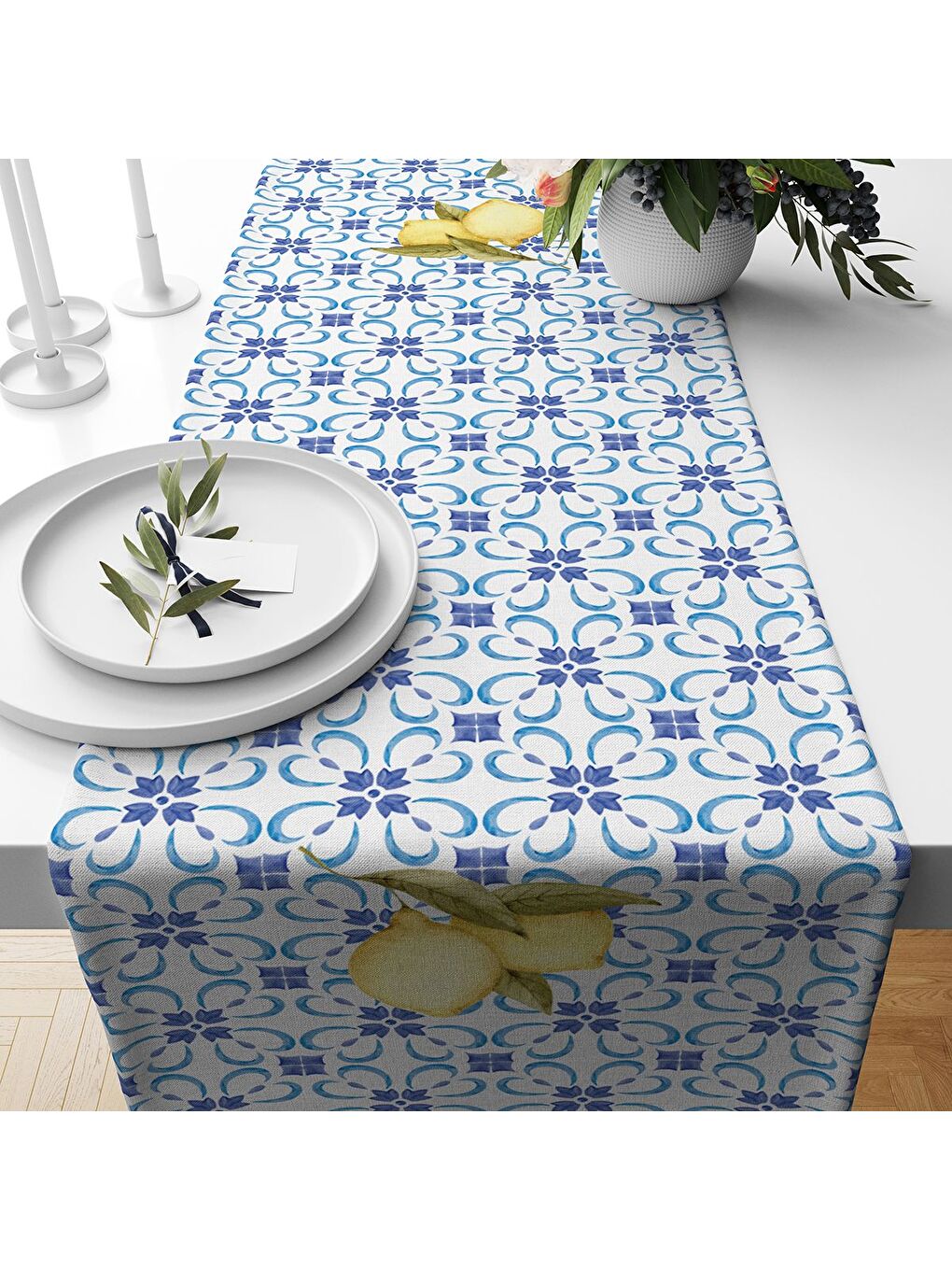 Karışık Bahar Temalı Limon Desenli Kadife Kumaş Dijital Baskılı Runner-1