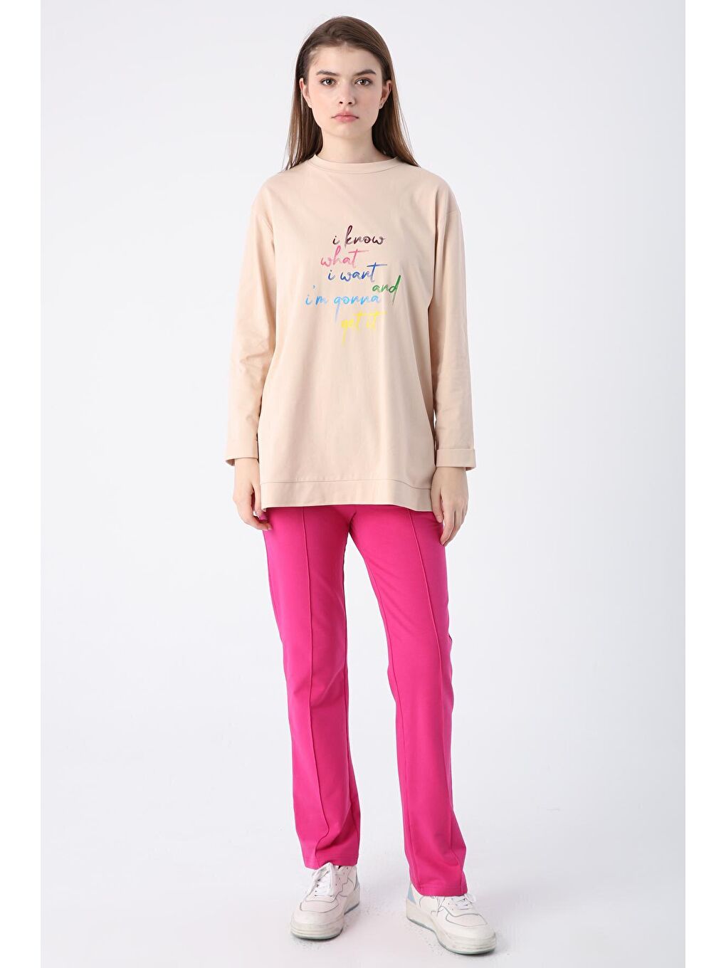 Bej Pamuklu Baskılı Dik Yaka Uzun Kollu Tişört-1