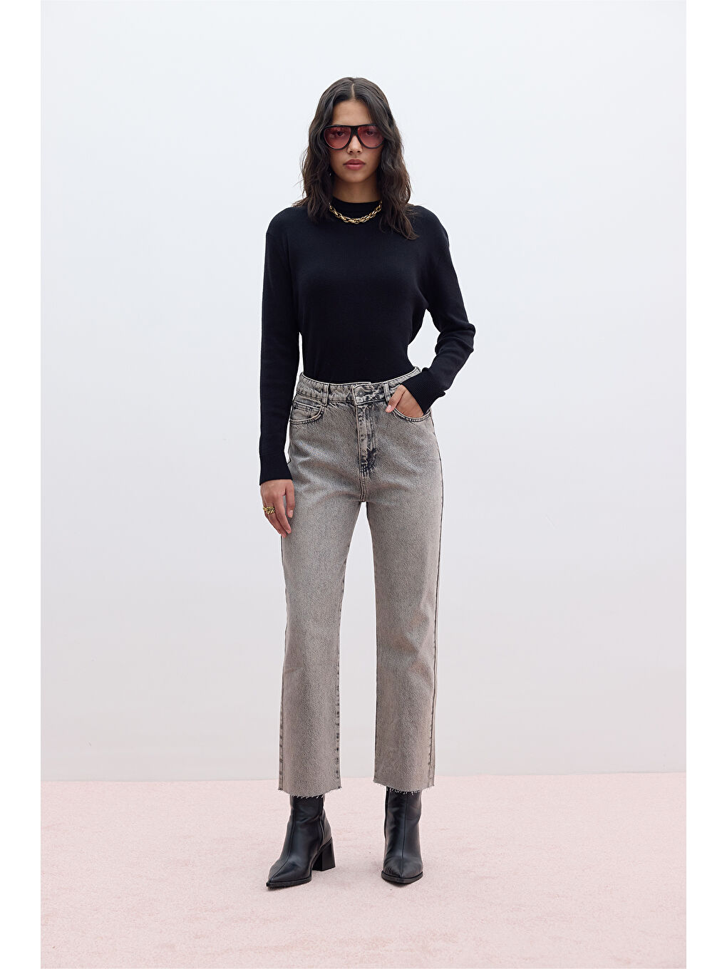 Straıght Yüksek Bel Denim Pantolon Antrasit-2