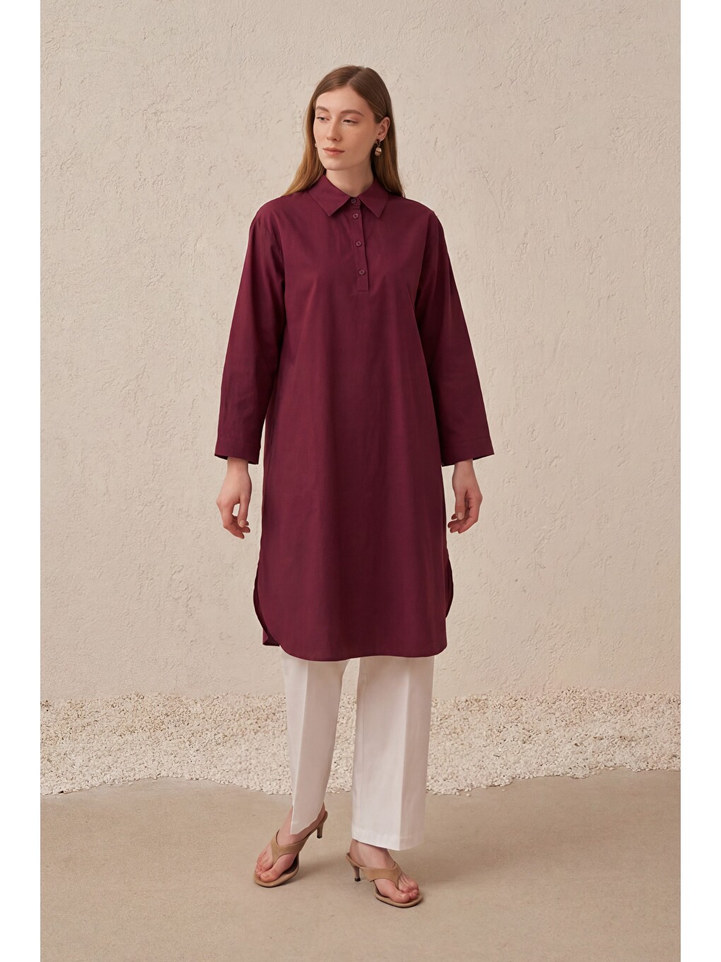 Kırmızı Vişne-düğme Detaylı Poplin Tunik-1