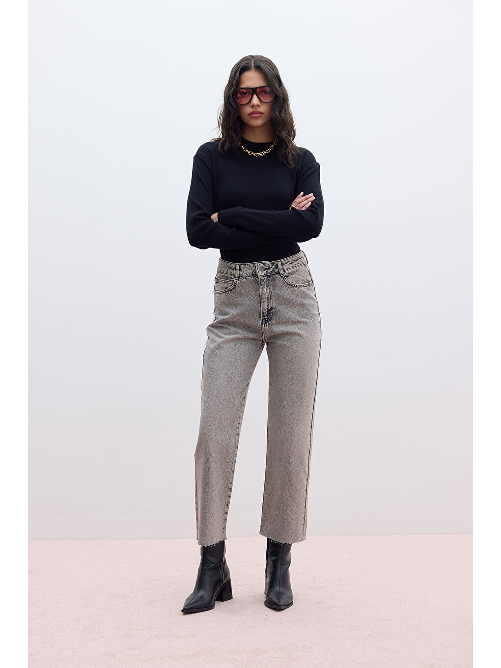 Straıght Yüksek Bel Denim Pantolon Antrasit-3