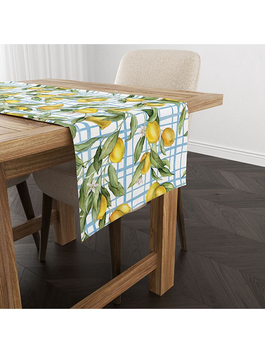 Karışık Bahar Temalı Limon Desenli Kadife Kumaş Dijital Baskılı Runner