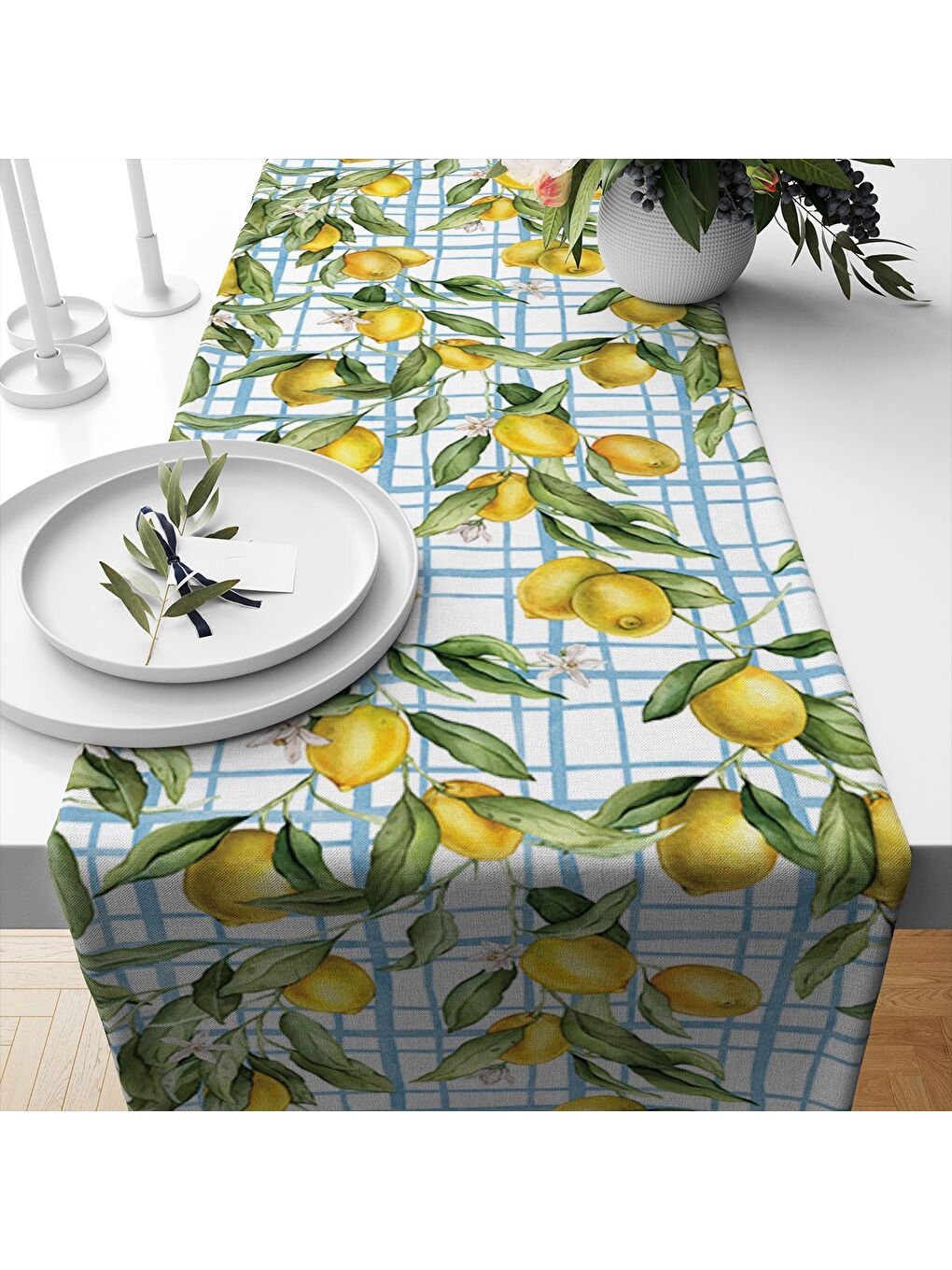 Karışık Bahar Temalı Limon Desenli Kadife Kumaş Dijital Baskılı Runner-1