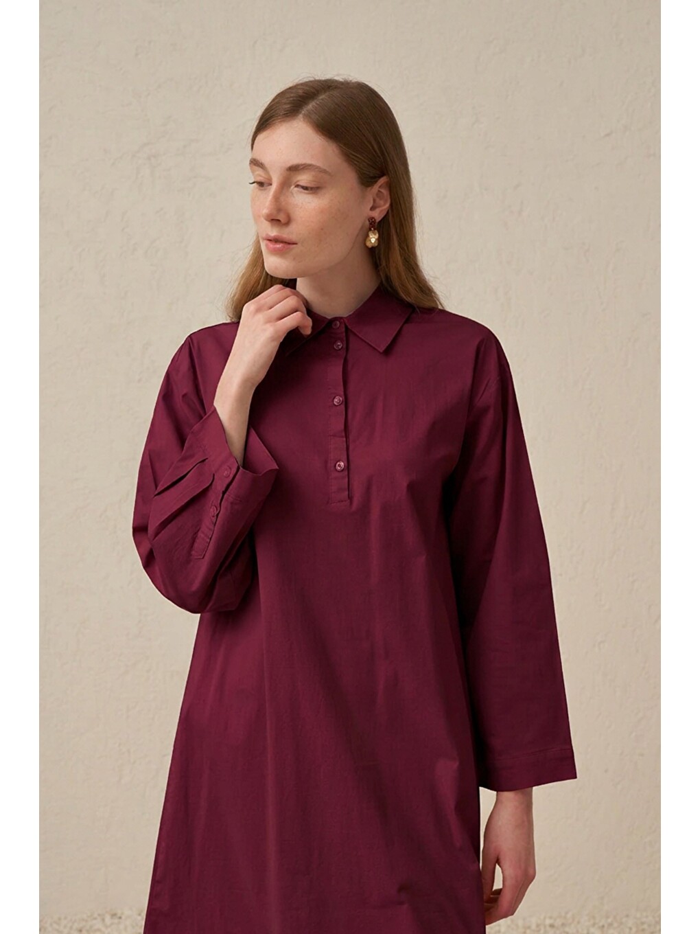 Kırmızı Vişne-düğme Detaylı Poplin Tunik-3