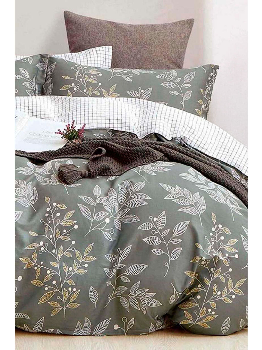 Kolay Ütülenir Nevresim Takımı Tek Kişilik Line Leaf Zümrüt Yeşili