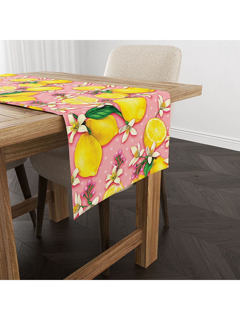 Karışık Bahar Temalı Limon Desenli Kadife Kumaş Dijital Baskılı Runner