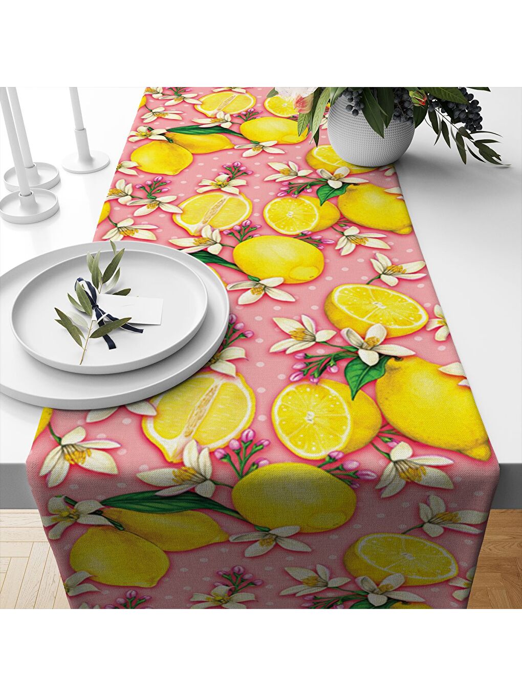 Karışık Bahar Temalı Limon Desenli Kadife Kumaş Dijital Baskılı Runner-1