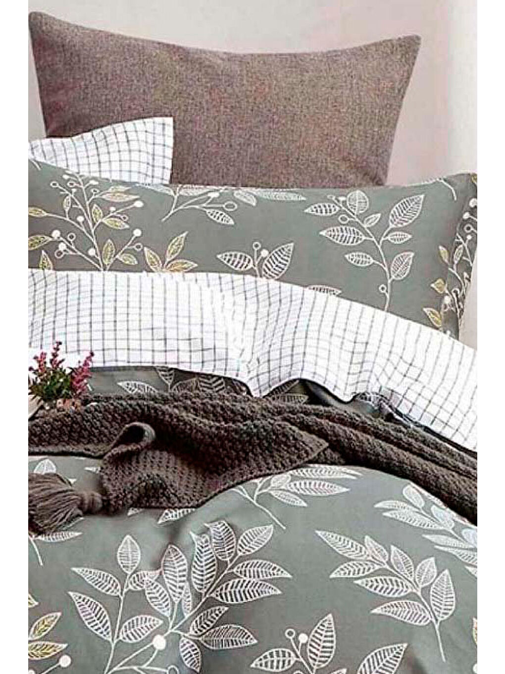 Kolay Ütülenir Nevresim Takımı Tek Kişilik Line Leaf Zümrüt Yeşili-2