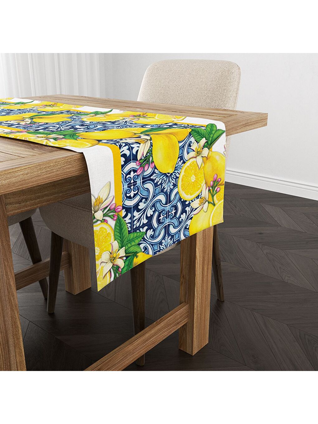 Karışık Bahar Temalı Limon Desenli Kadife Kumaş Dijital Baskılı Runner