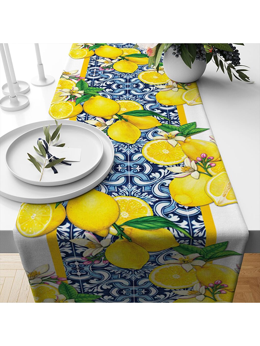 Karışık Bahar Temalı Limon Desenli Kadife Kumaş Dijital Baskılı Runner-1