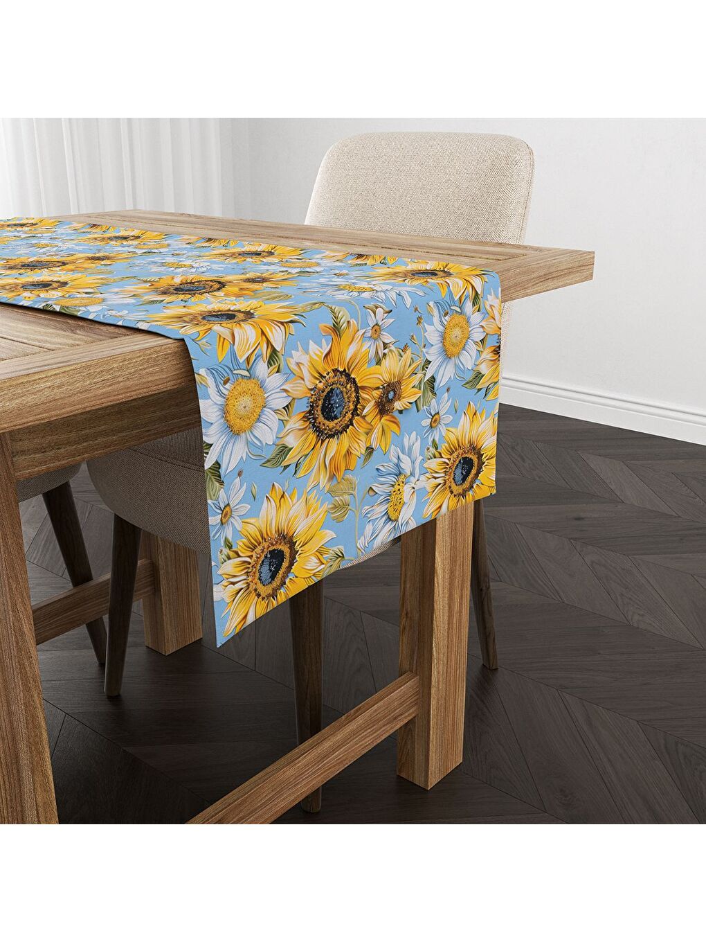 Karışık Bahar Temalı Ayçiçeği Desenli Kadife Kumaş Dijital Baskılı Runner