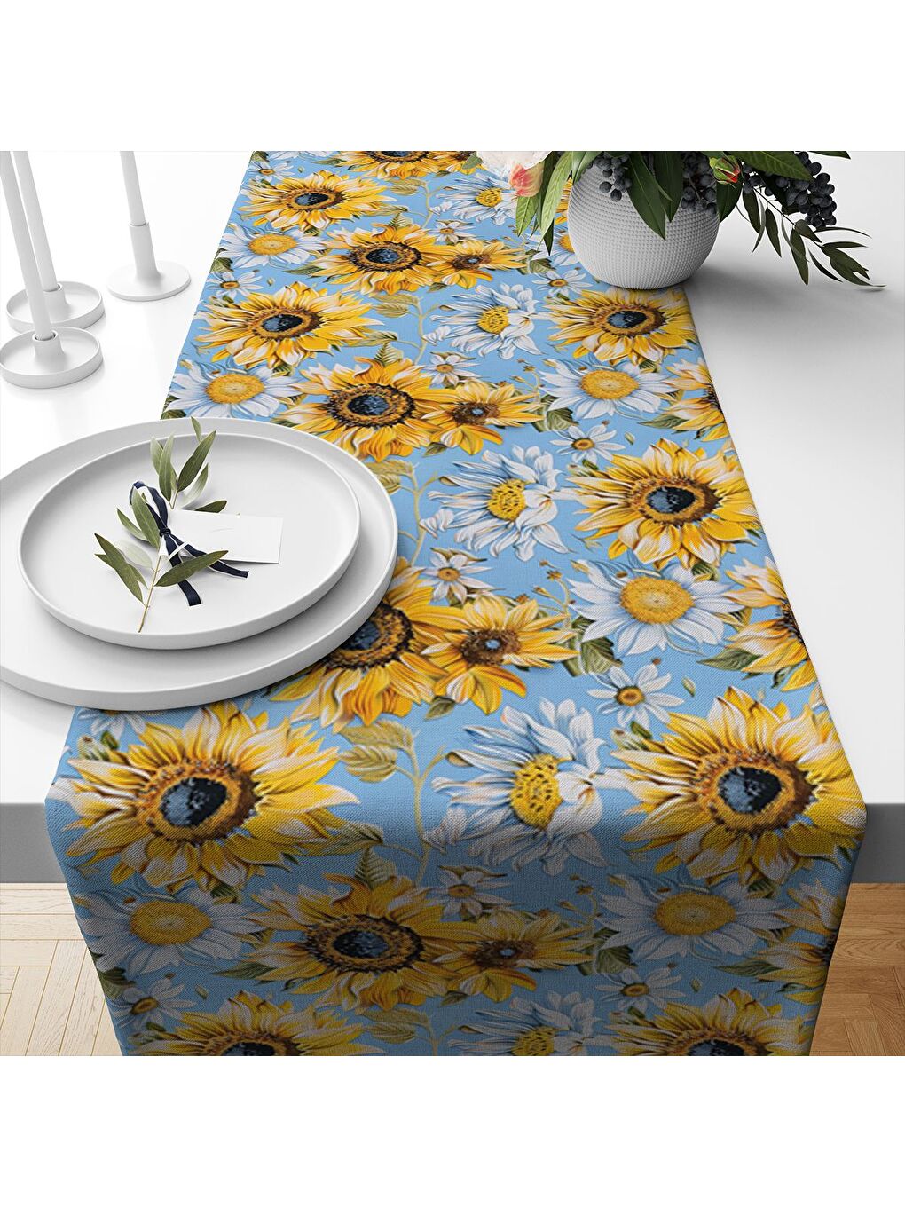 Karışık Bahar Temalı Ayçiçeği Desenli Kadife Kumaş Dijital Baskılı Runner-1