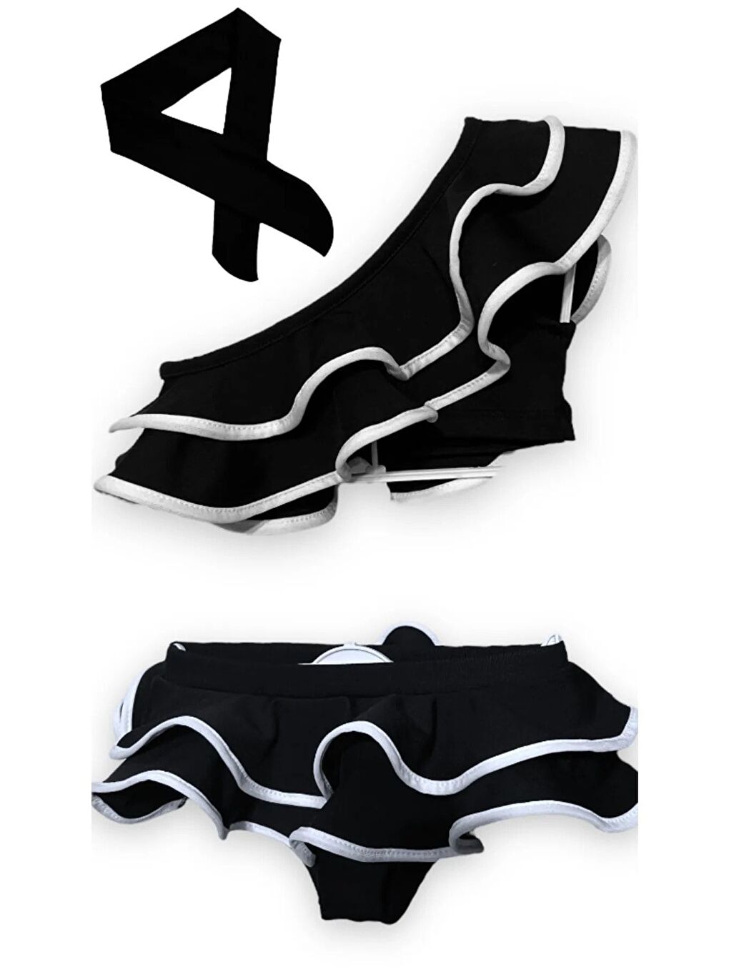 Siyah Kız Çocuk Tek Omuz Fırfırlı Bikini Takımı