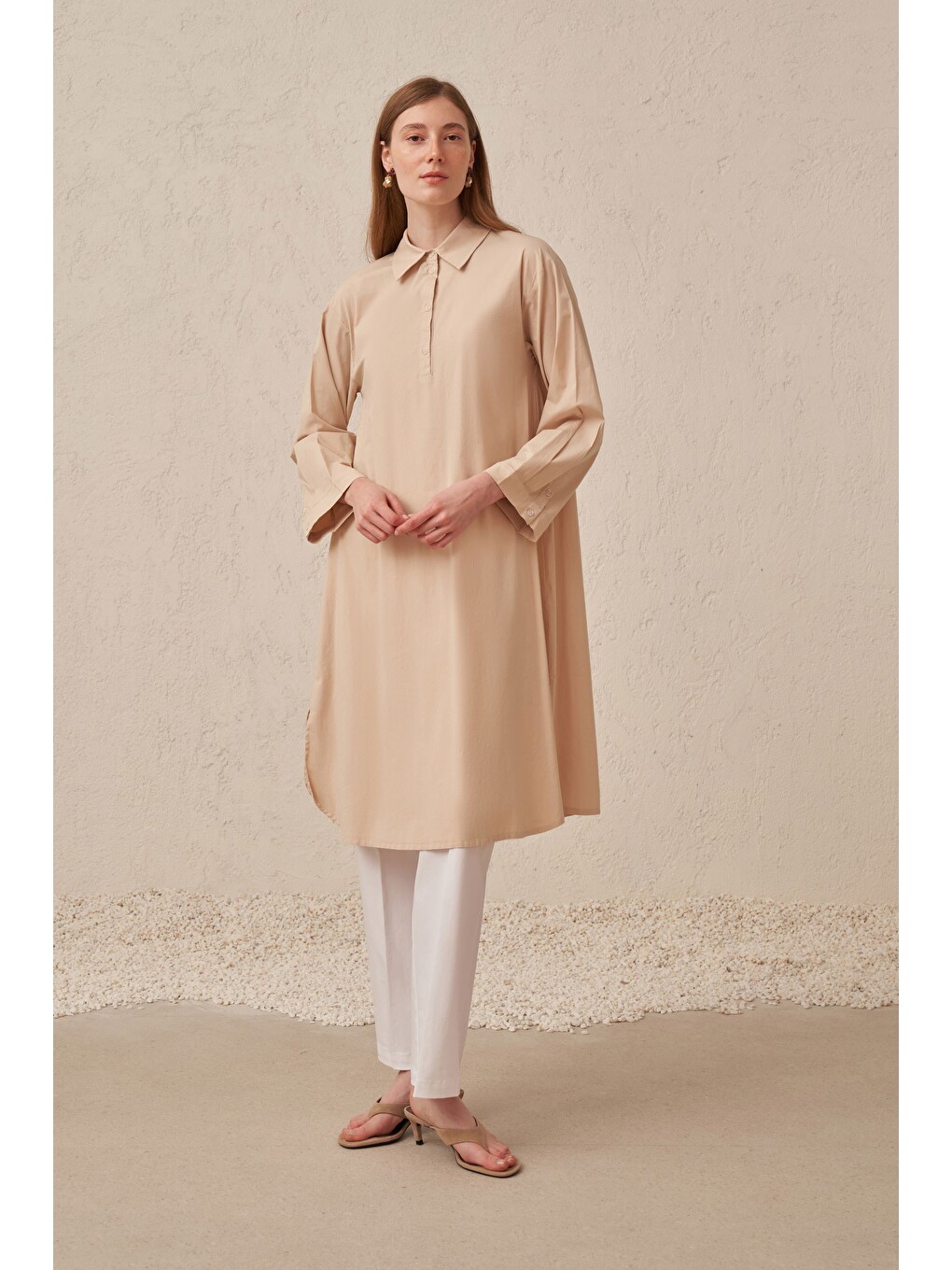 Bej Taş-düğme Detaylı Poplin Tunik