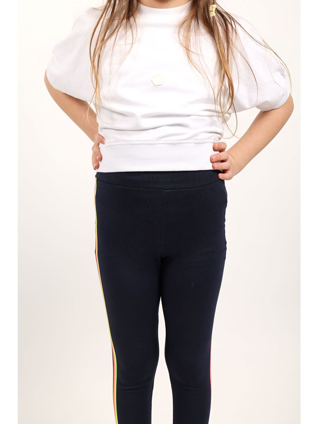Lacivert Kız Çocuk Yanları Neon Renkli Tayt-4